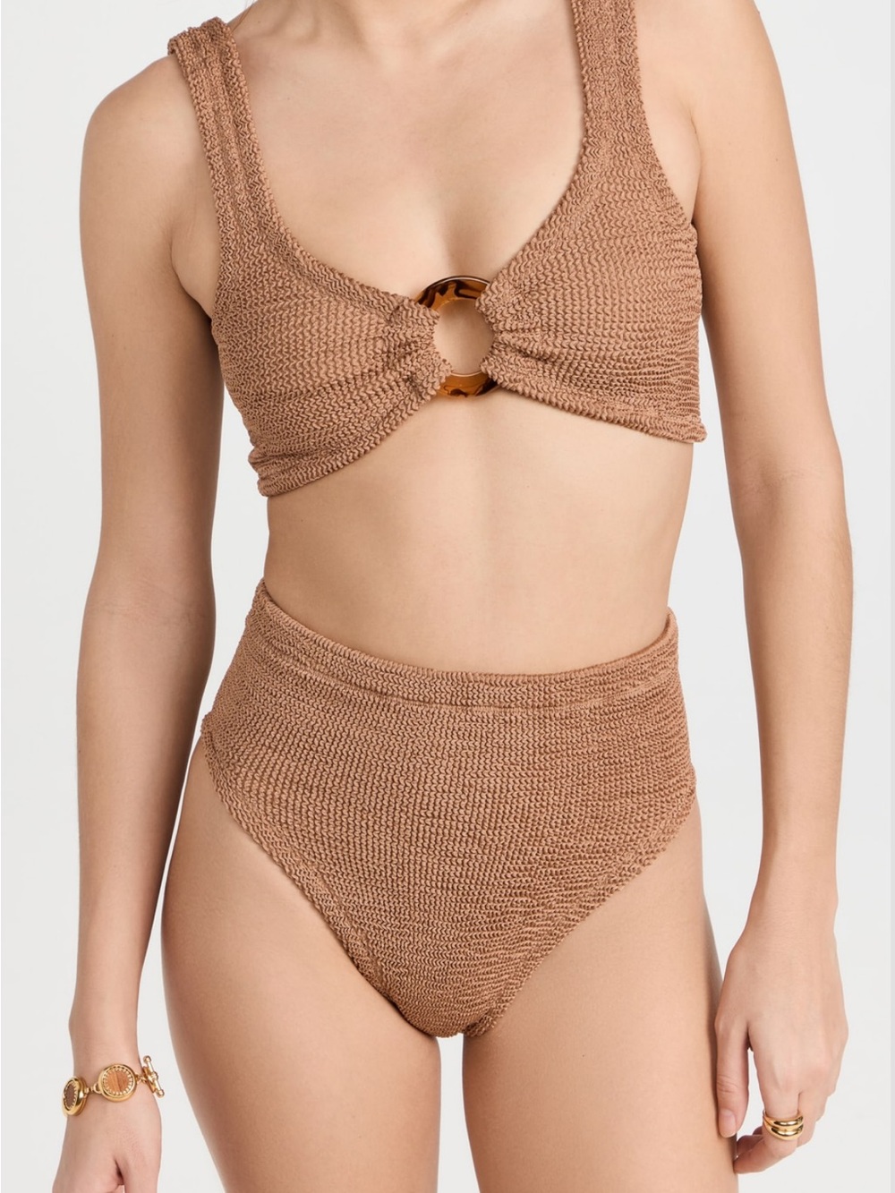 Hunza G Julia Bikini Metallic Cocoa Textured High-Waist Bikini with Ring Detail
